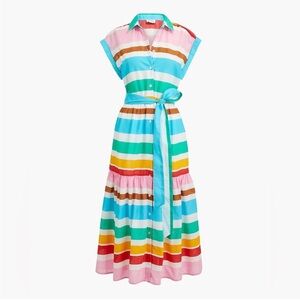 J. Crew Rainbow Striped Midi Shirt Dress Roll Cuff Dolman Cap Sleeve Size 2